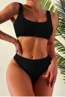 Angelsin Özel Fitilli Kumaş Yüksek Bel Tankini Bikini Takım Siyah