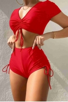 Angelsin Özel tasarım Yarım Kol Büzgü Detaylı Bikini Üstü Kırmızı