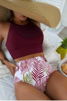 Angelsin Yüksek Bel Baskılı Tankini Bikini Takım Bordo