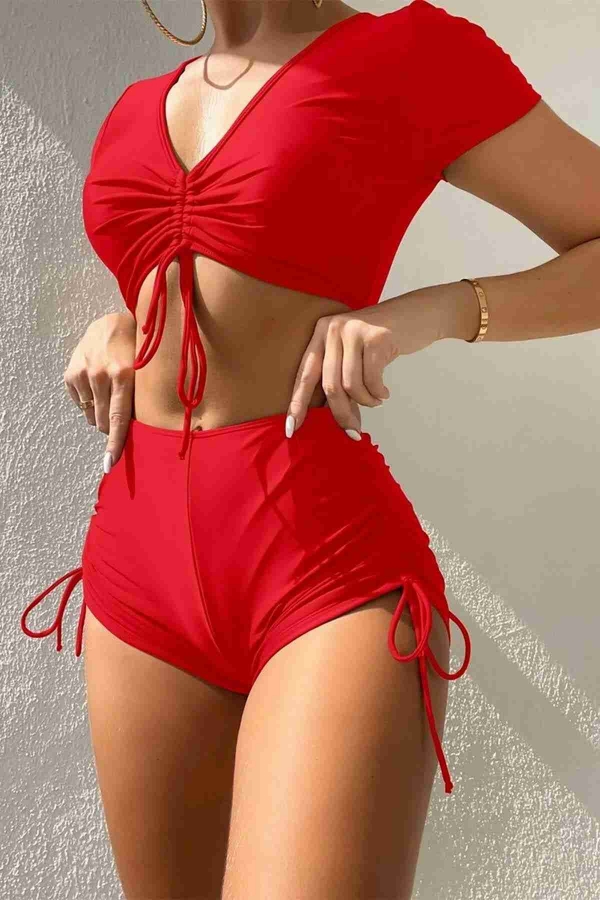 Angelsin - Angelsin Özel tasarım Yarım Kol Büzgü Detaylı Bikini Üstü Kırmızı