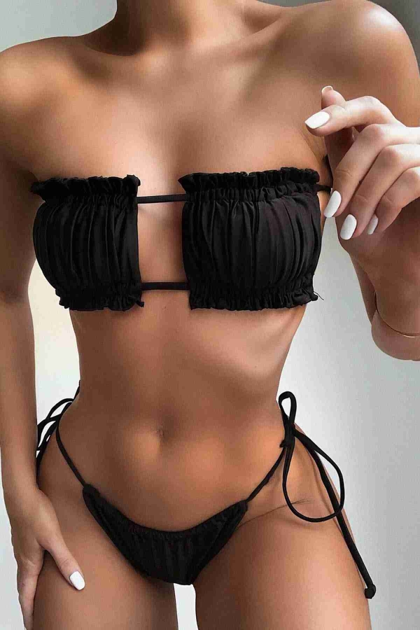 Angelsin - Angelsin Brezilya Model Büzgülü Bağlamalı Bikini Takım Siyah