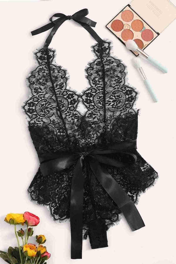  - Merry See Belden Kuşaklı Babydoll Gecelik Body Siyah