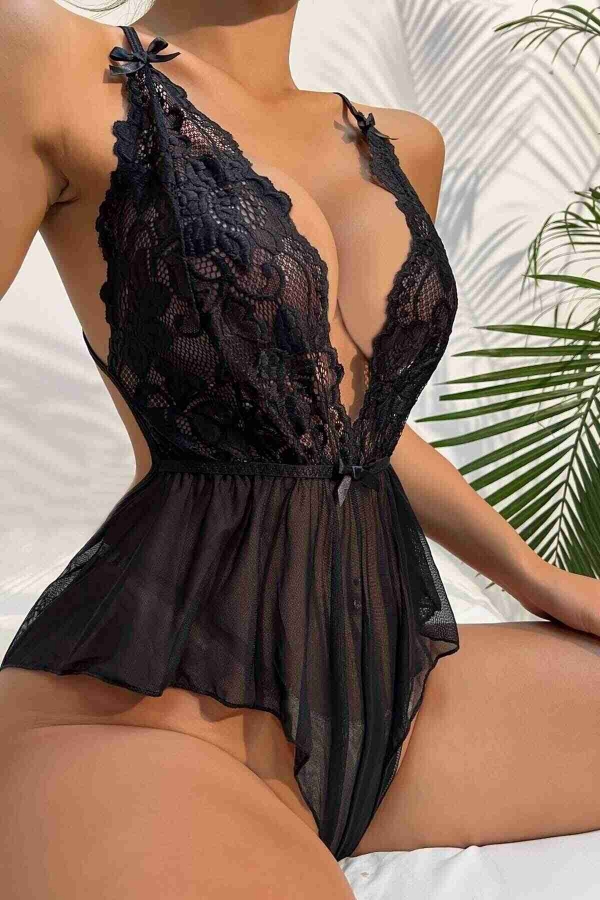 Merry See - Merry See Dantelli Gecelik Babydoll Bodysuit Siyah