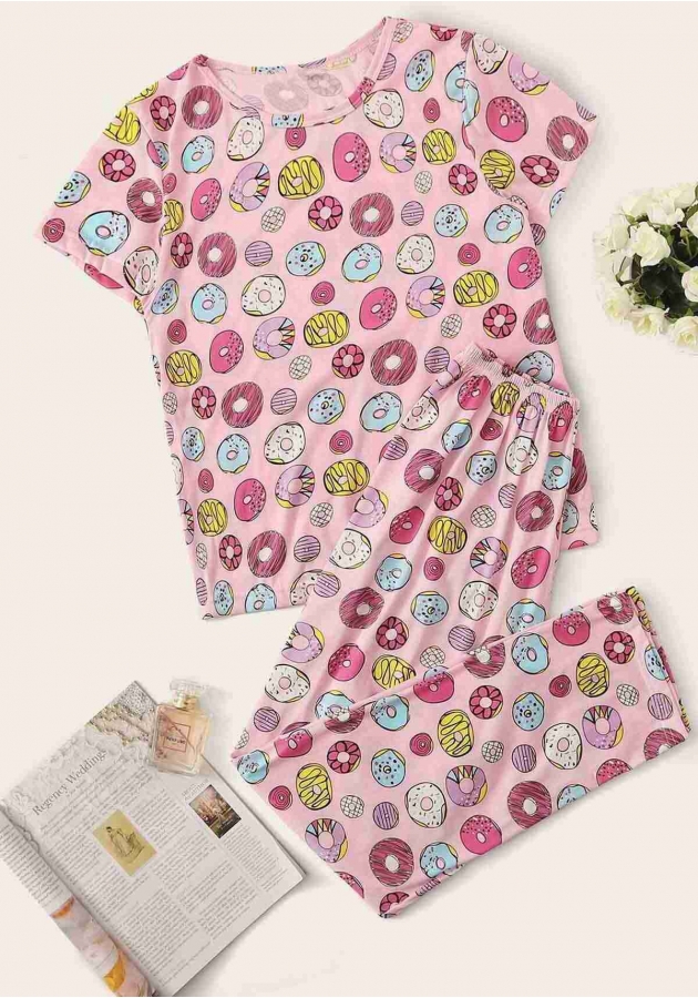 Merry See - Merry See Kısa Kollu Alt Uzun Donut Baskılı Pijama Takımı Çok Renkli