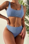 Angelsin - Angelsin Özel Fitilli Kumaş Yüksek Bel Tankini Bikini Takım Mavi