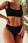 Angelsin - Angelsin Özel Fitilli Kumaş Yüksek Bel Tankini Bikini Takım Siyah