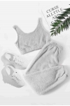 Merry See - Merry See Kolsuz Askılı Peluş Polar Alt Üst Pijama Takımı Gri